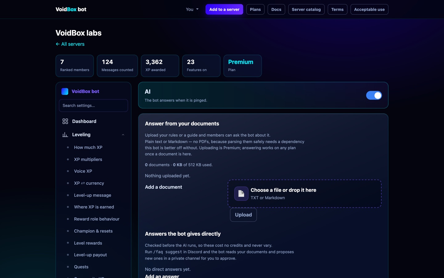 AI settings in the dashboard