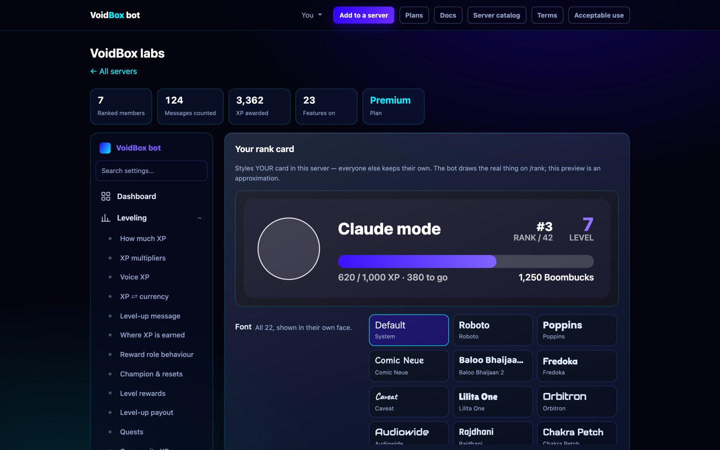 Rank card customisation in the dashboard