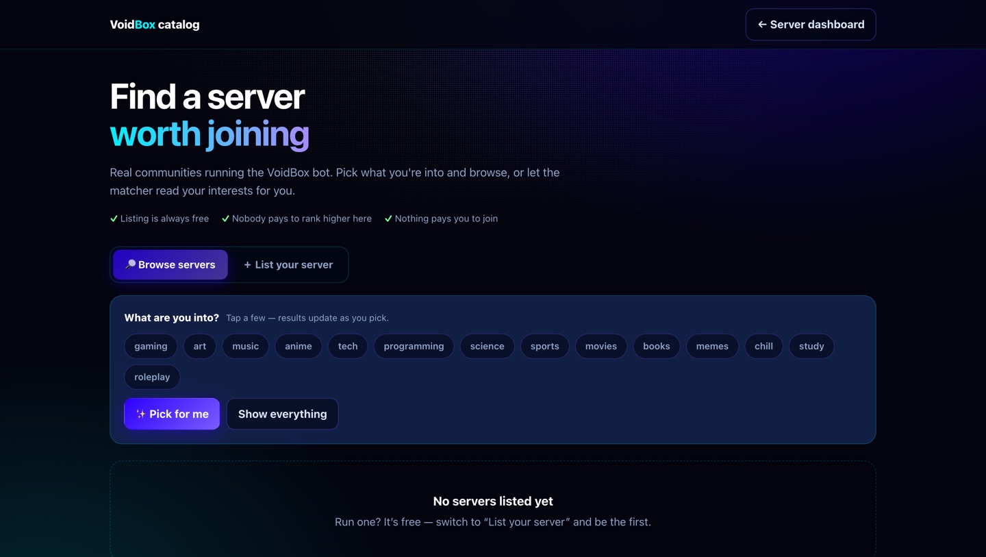 The VoidBox server catalog with filters and server cards