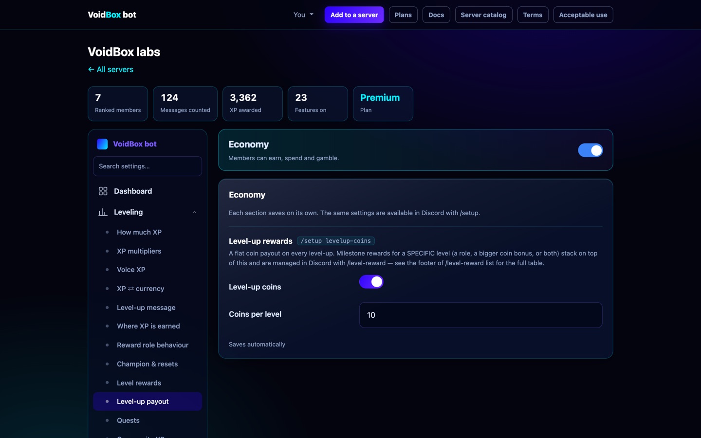 The Economy section of the dashboard
