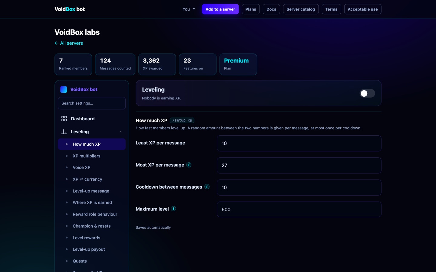 The Leveling section of the dashboard