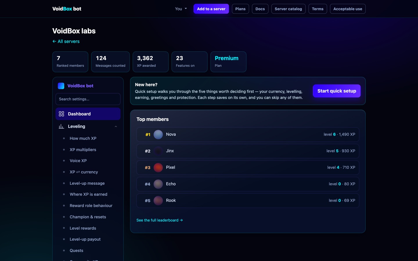 The VoidBox dashboard overview screen