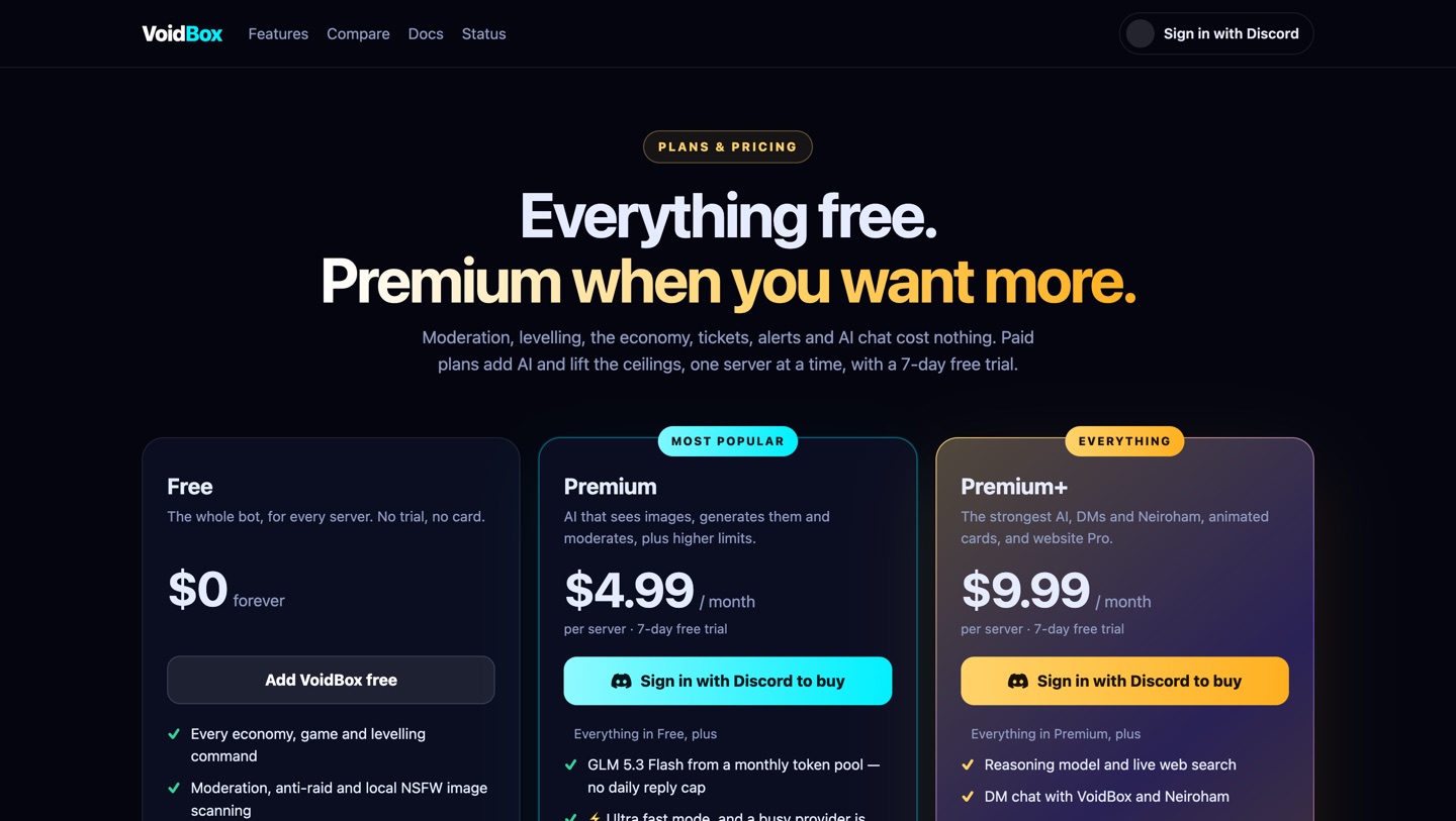 The VoidBox plans page showing Free, Premium at $4.99 and Premium+ at $9.99