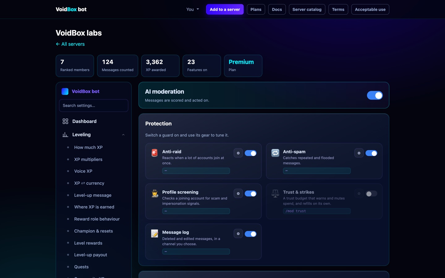 The Protection section of the dashboard
