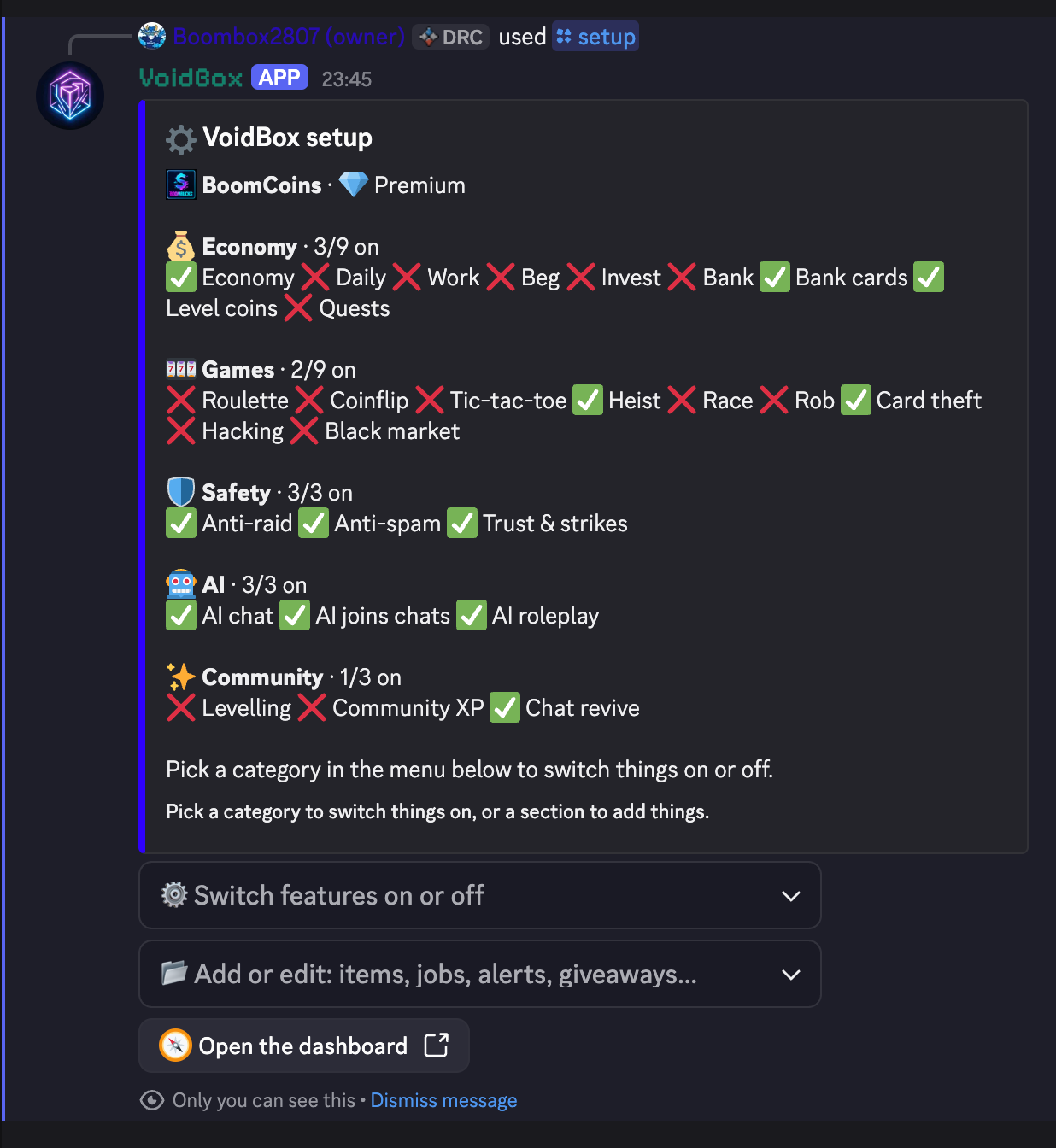 The /setup panel in Discord: every feature grouped by category with its on/off state, and dropdowns to switch features or add items