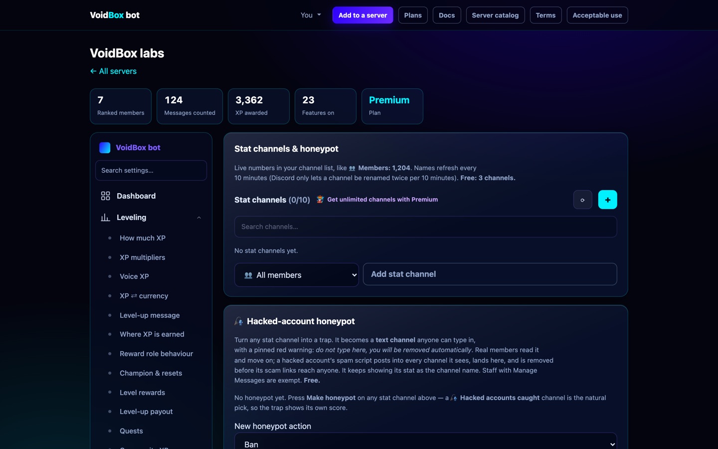 The Stat channels page in the dashboard, listing stat channels and the honeypot settings